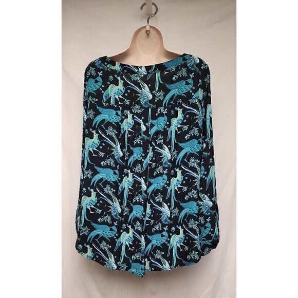 ANN TAYLOR LOFT PEACOCK PRINT SCOOP NECK LONG SLEEVE BLOUSE TEAL/BLACK SMALL - Picture 4 of 9